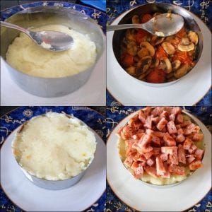 Torreón de patata con champiñones, tomates cherry y daditos de pollo